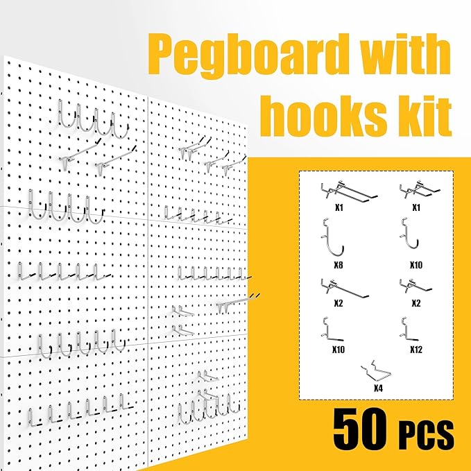 Spampur Peg Board, 6 Pack Metal Pegboard Panels White Pegboards Wall Organizer with 50 Hooks, Heavy Duty Peg Board for Walls 