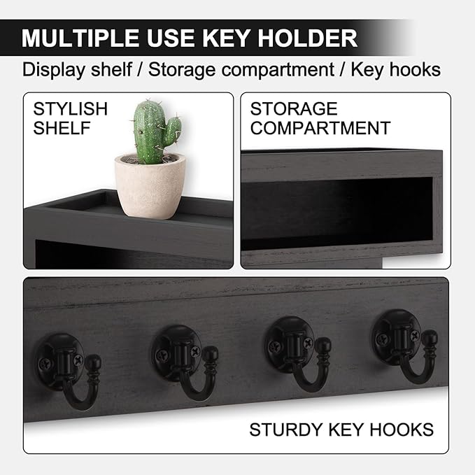Key and Mail Holder Wall Mount, Key Hanger with Long Storage Box and 6 Hooks for Coat, Dog Leash, Home Decor Rack, House Acce