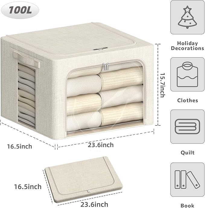 4 Pack Clothes Storage Bins with Metal Frame - 100L Stackable Storage Box with Lid，Foldable Storage Container Organizer for C