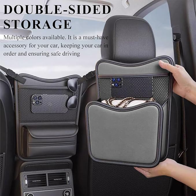 Car Organizer Storage Between Seats, Leather Large Capacity Automobile Handbag Hanging Store Content Bag, Auto Console Organizer Holder for Snack Phone Document Storages, Car Accessories (Gray)