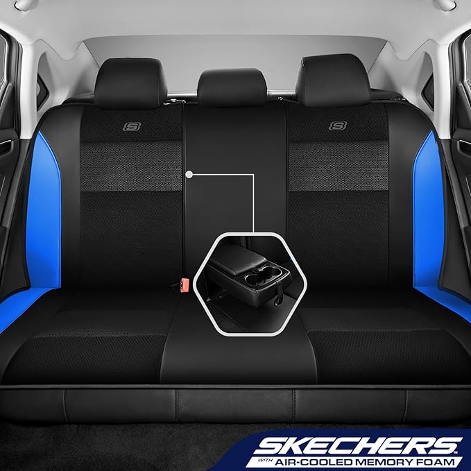 Skechers Aircooled & Memory Foam Seat Covers,Premium Leather with EVA Mesh Car Seat Covers,Seat Cover Full Sets,Airbag Compat