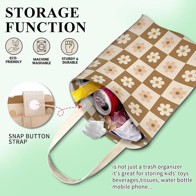 Car Trash Can, Cute Car Trash Bag, Hanging Car Organizer and Storage Bag, Trash Bin for Car Accessories, Vehicle, Travelling, Camping Luxury Beige Checkerboard Daisy