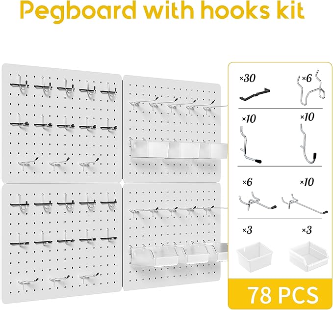 Peg Board for Tools, 4 Pack Metal Pegboard Wall Organizer with Hooks,16"×12" White Pegboard Panels for Walls Home, Garage Too
