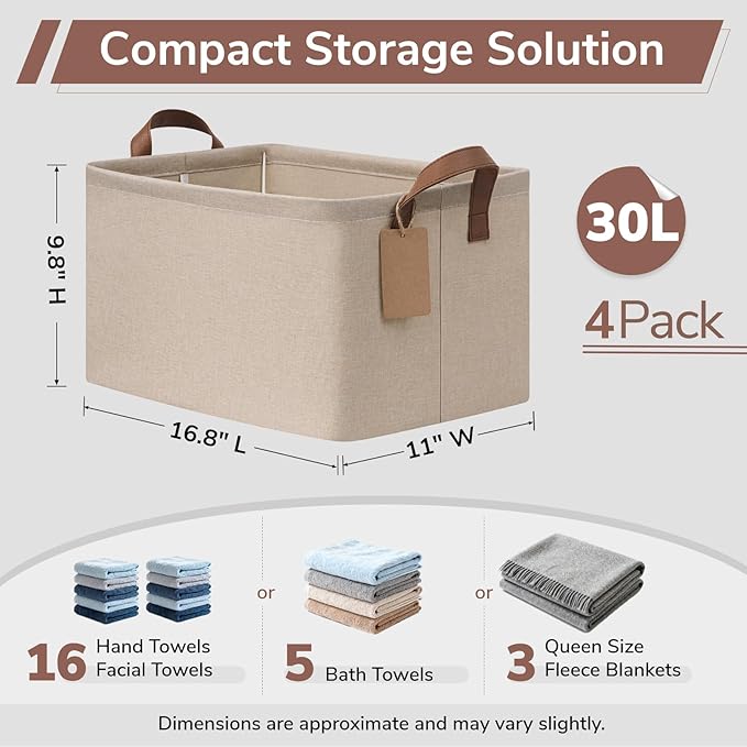 CHICVITA 4 Pack Large Storage Baskets for Shelves, Collapsible Towels Organizer Bins with Metal Frame, Closet Organizers and 