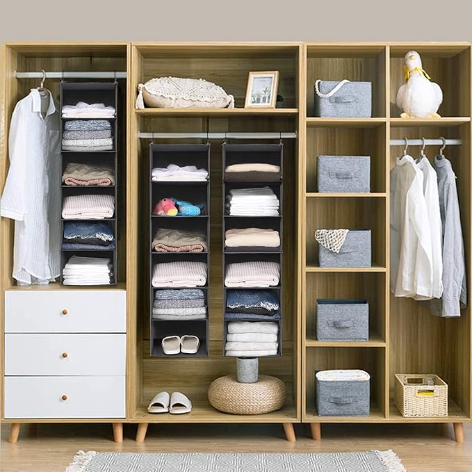 MAX Houser 6 Tier Shelf Hanging Closet Organizer, Closet Hanging Shelf with 2 Sturdy Hooks for Storage,2 Pack, Foldable (Grey