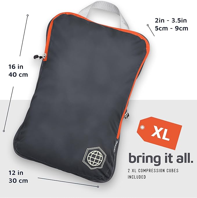 TRIPPED XL Compression Packing Cubes — 7-Piece Set for Checked Luggage | Extra-Large (15.7"×11"×4") + Large + Small + Tube + 