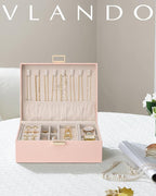 VLANDO 2 Layer Jewelry Box Large Jewelry Organizer for Mothers Day Mom Gifts Jewelery Tray with Watch Pillow for Necklace Ear