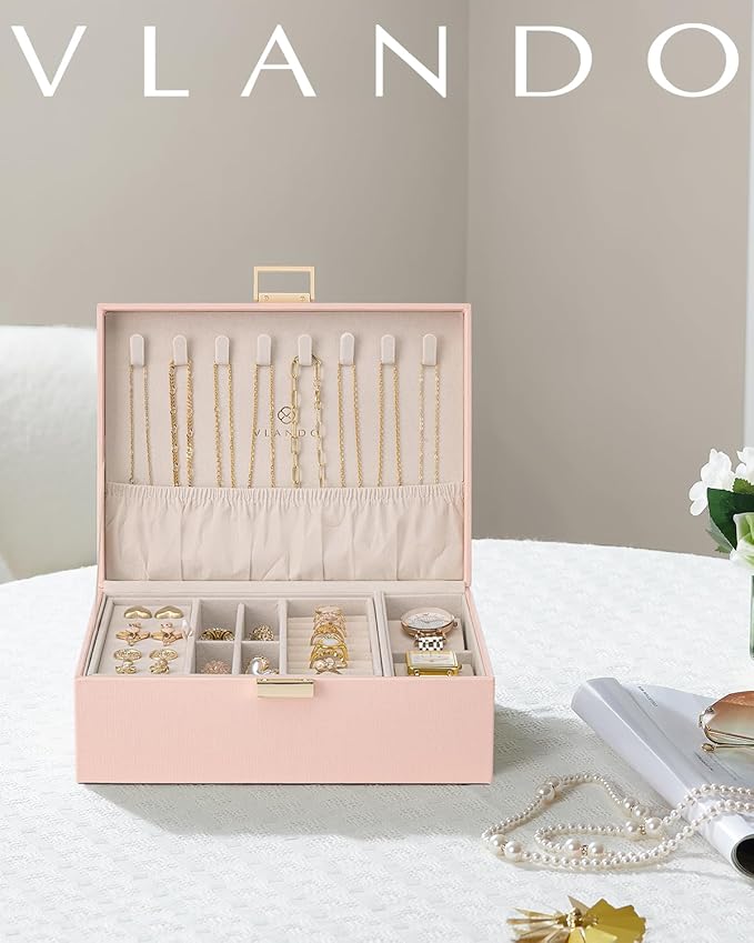 VLANDO 2 Layer Jewelry Box Large Jewelry Organizer for Mothers Day Mom Gifts Jewelery Tray with Watch Pillow for Necklace Ear