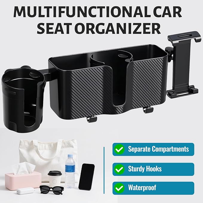 3-in-1 Car Back Seat Organizer Headrest Mount - Adjustable Storage Box with Cup Holder & Tablet Phone Holder for 5-13 Inch Devices, Fits Headrest Posts 0.6in Diameter & 4.2-5.7in Spacing