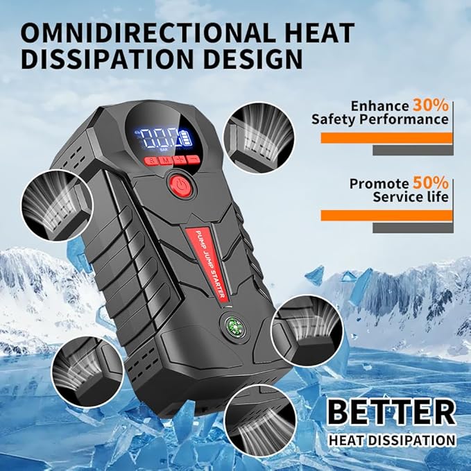 Jump Starter with Air Compressor, 4000A Portable Car Battery Booster, 4-in-1 Car Battery Jump Starter Box (8.5L Gas/6L