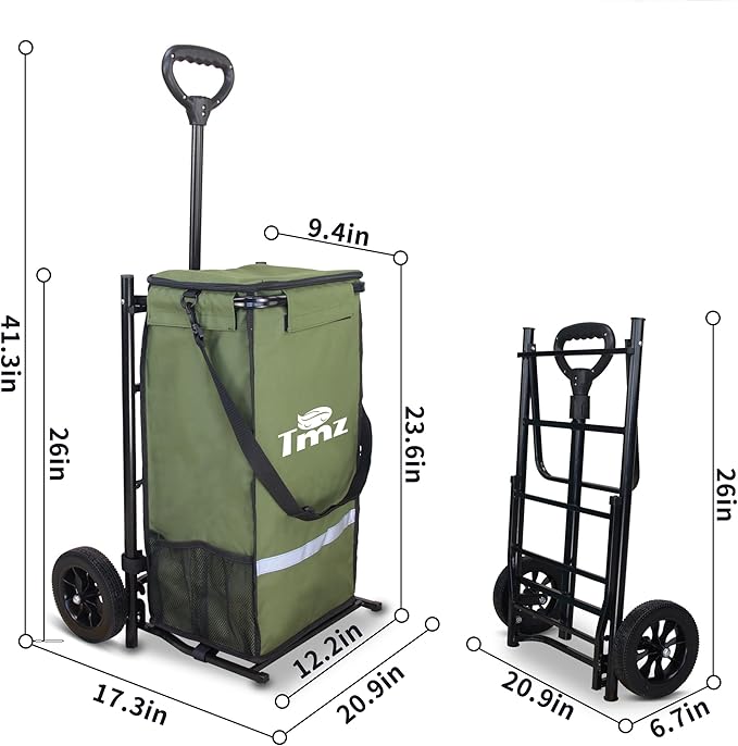 TMZ Heavy-Duty Foldable Shopping Cart with Removable Insulated Bag & Hooks - Lightweight 110 lbs Capacity Grocery Luggage Cart for Market, Travel, Laundry (Green)