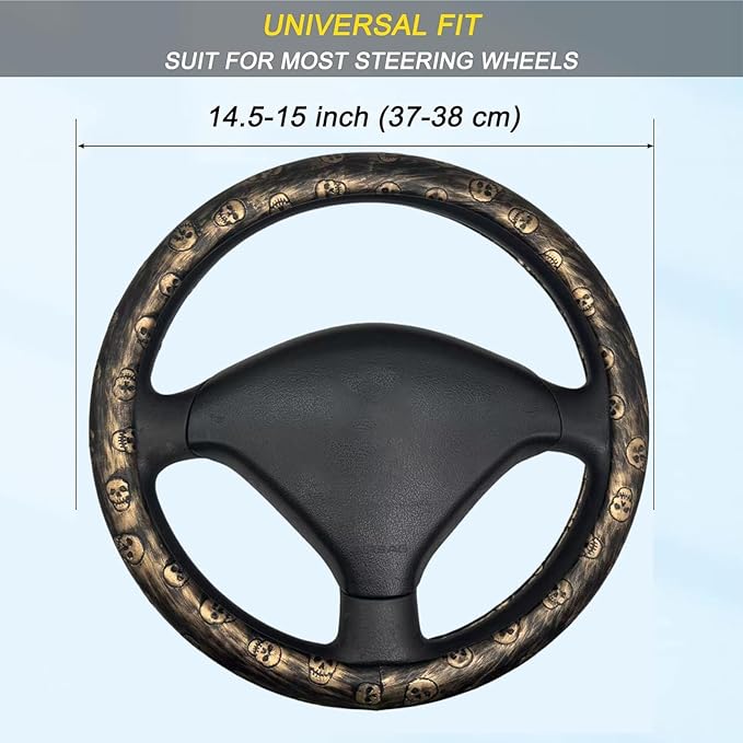 Embossed Skull Steering Wheel Cover, Skull Car Accessory, Microfiber Leather with Anti-Slip Lining, Fits 14.5"-15" Steering Wheels (Black Gold)