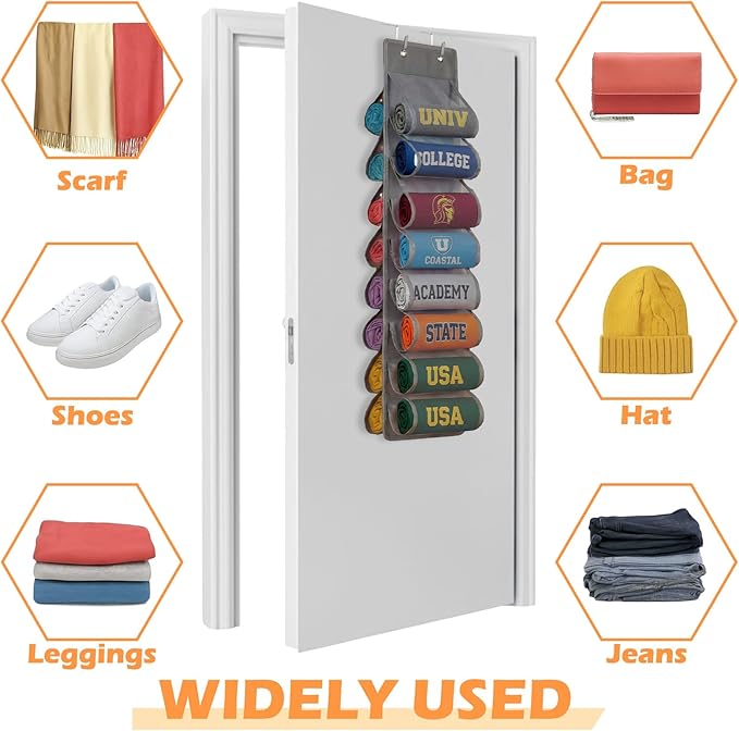 Over the Door Hoodie Organizer, Double Sided Holds 16 Hoodies, Gray Hanging Storage with 2 Hooks and Rope for Door Closet Cab