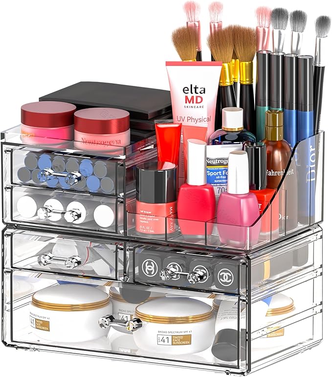 SUOXING Clear Acrylic Makeup Organizer for Vanity,Bathroom,Dresser,5 Drawer Make up Organizers for Counter,Plastic Countertop