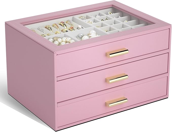 AKOZLIN Jewelry Box with Clear Lid Functional Leather Jewelry Storage Organizer Case 3 Drawers for Women Girls Necklace Ring 