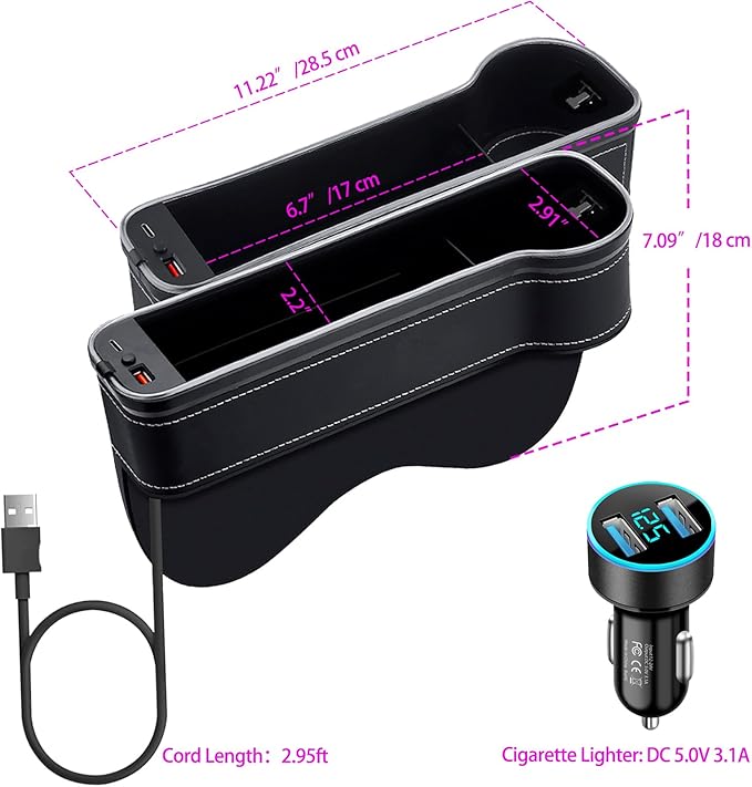 LED Car Seat Gap Filler Organizer Car Gap Filler with 10 Light Music Rhythm Modes USB and Type-C Charger Fit for iPhone Android (2 Pack)