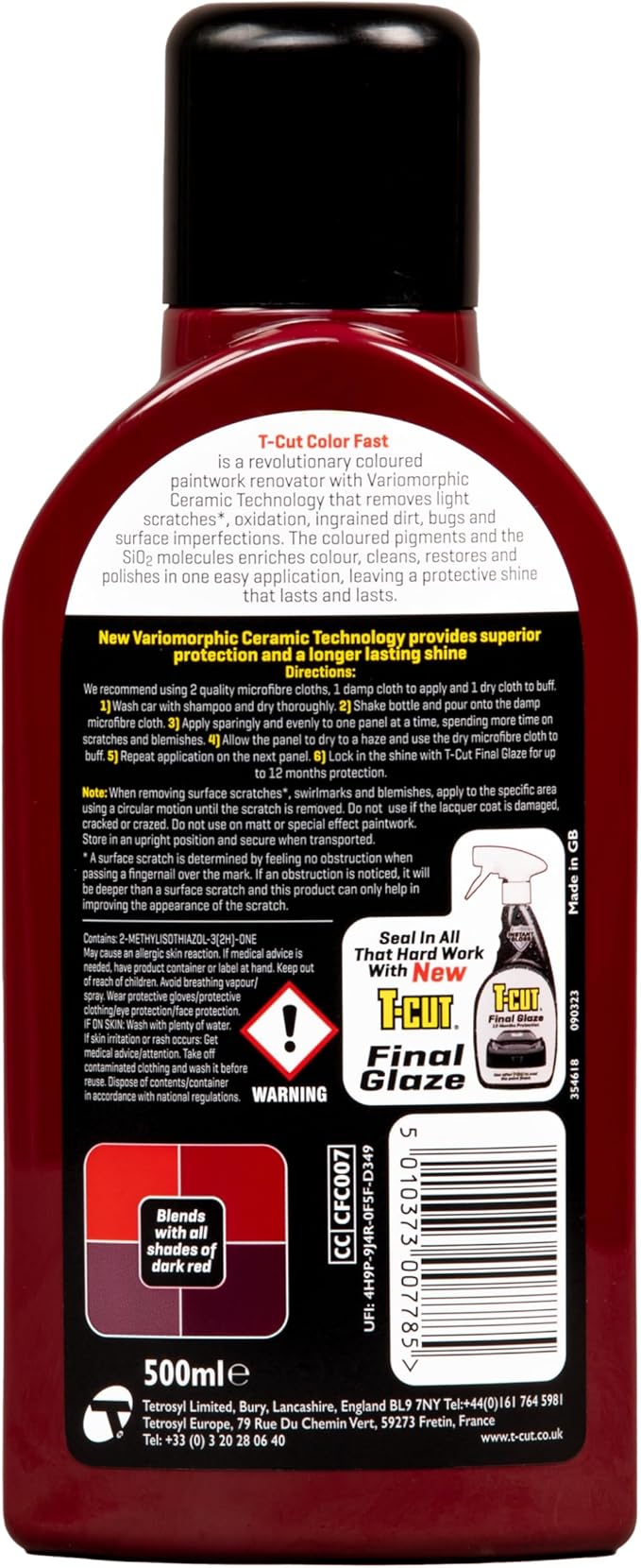 T-Cut Dark Red Scratch Remover Color Fast Paintwork Restorer Car Polish, 13 Colors Available, 17 Fl Oz