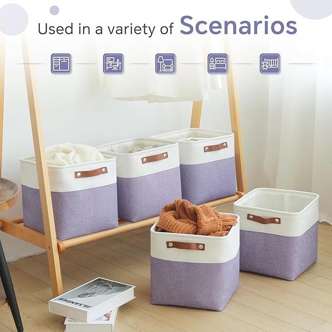 FinishingBo Cube Storage Baskets 6 Pack, 11x11 inch Cube Storage Bins with Leather Handles for Shelf Closet (White/ Purple)
