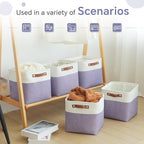 FinishingBo Cube Storage Baskets 6 Pack, 11x11 inch Cube Storage Bins with Leather Handles for Shelf Closet (White/ Purple)