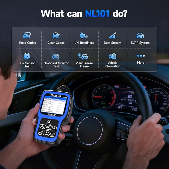 NEXAS NL101 OBD2 Scanner with Battery Tester - Check Engine Code Reader, Car Diagnostic Scanner with Live Data, Freeze Frame,