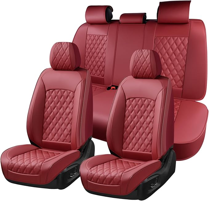 Huidasource Red Seat Covers, Nappa Leather Car Seat Covers, Automotive Seat Covers Velcro Adjustable, Compatible with Airbags