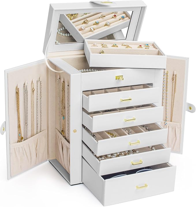 AKOZLIN Large Jewelry Box Organizer Functional with Big Mirror, Leather Jewelry Storage Case for Women Girls Ring Necklace Ea