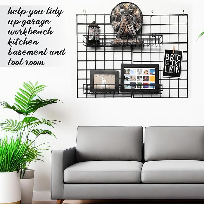 Blulu 4 Pcs 15.75 x 3.94 x 1.97 Inch Metal Grid Wall Baskets with Hooks Grid Wall Shelves Hanging Wire Basket Multi Function 