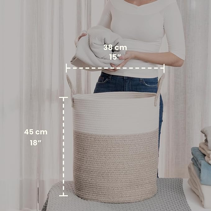 OrganiHaus Large Brown Woven Laundry Basket w/Handles 52L, Rope Dirty Clothes Hamper, Blanket Basket for Living Room, Baby La