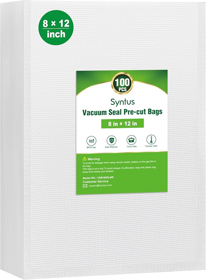 Syntus Vacuum Sealer Bags for Food, 100 Count Quart 8" x 12" Commercial Grade PreCut Bag, BPA Free Food Vac Bags for Storage,