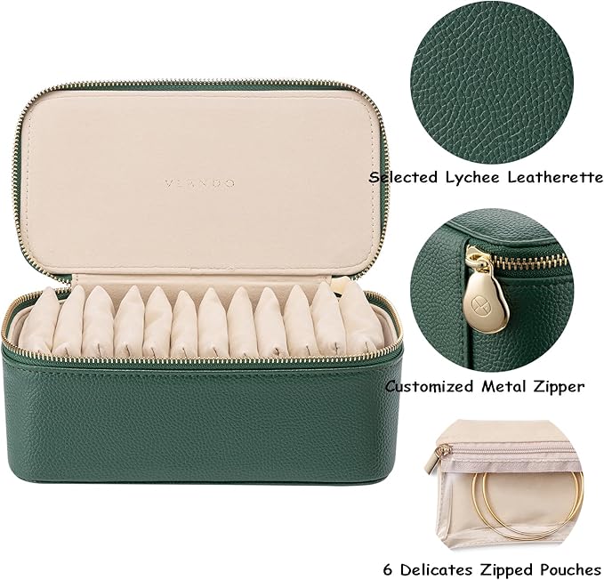 VLANDO Travel Jewelry Box Organizer – Portable PU Leather Jewelry Case with 6/8/12 Zippered Pouches, Compact Storage for Earr
