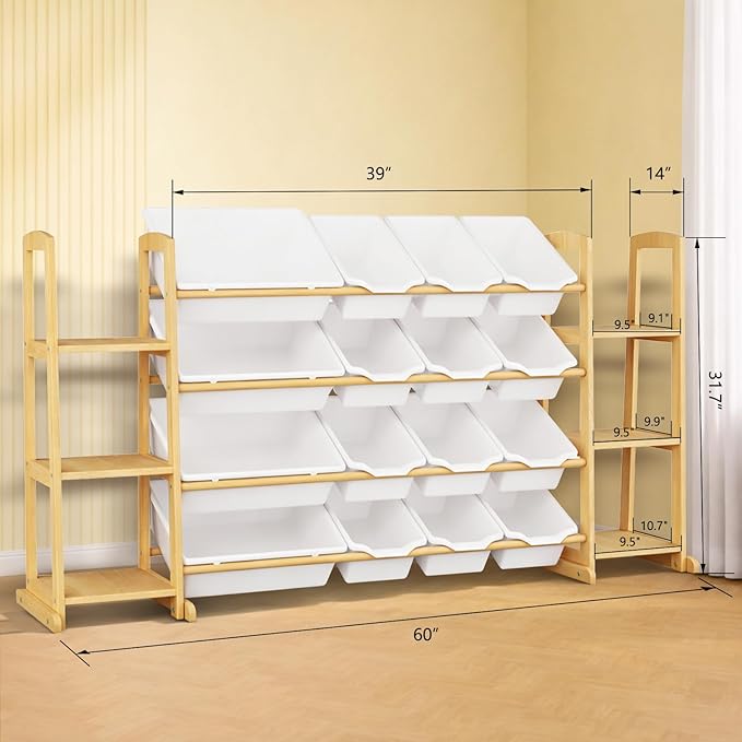 Kids Toy Storage Organizer with Bookshelf – Wooden Shelf with 16 Bins & 6 Shelves, Quick Assembly Storage Rack for Playroom, 