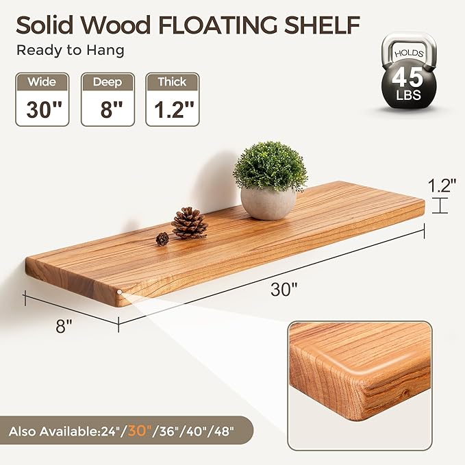 Fun Memories 30 Inch Floating Shelves, Rustic Solid Wood Wall Shelves Set of 2, 8 Inch Deep Floating Shelf for Bathroom, Bedr