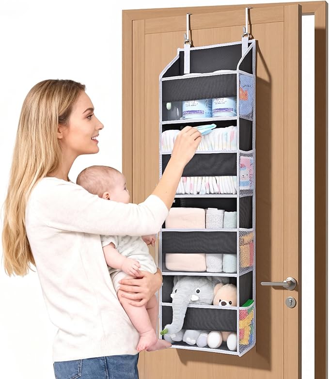 ULG 1 Pack Small Over Door Organizer with 4 Large Pockets 8 Mesh Side Pockets, Hanging Storage Organizer with Clear Window Ki