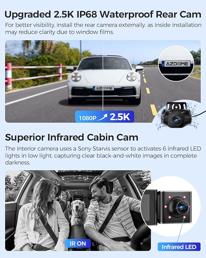 AZDOME M550 Max 4K 3 Channel Dash Cam, Dual STARVIS Sensors, 4K+2.5K+1080P Front and Rear Inside Triple Car Camera, Built-in 