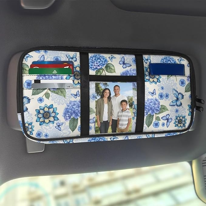 Boho Floral Car Sun Visor Organizer, Multi-Pocket Truck Visor Organizer Car Sun Storage Pocket Pouch Case Bag with Velcro Straps for Sunglasses, Cards, Pens and Document Machine Washable