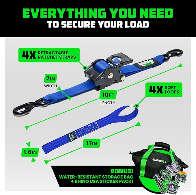 Rhino USA Retractable Ratchet Straps (4-Pack) - 2 Inch x 10 Feet (3,033lb Break Strength) - Heavy Duty Auto Self Retracting Tie Down Straps for Truck, Cargo Trailer, Motorcycle, Rad & More - Blue