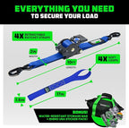 Rhino USA Retractable Ratchet Straps (4-Pack) - 2 Inch x 10 Feet (3,033lb Break Strength) - Heavy Duty Auto Self Retracting Tie Down Straps for Truck, Cargo Trailer, Motorcycle, Rad & More - Blue