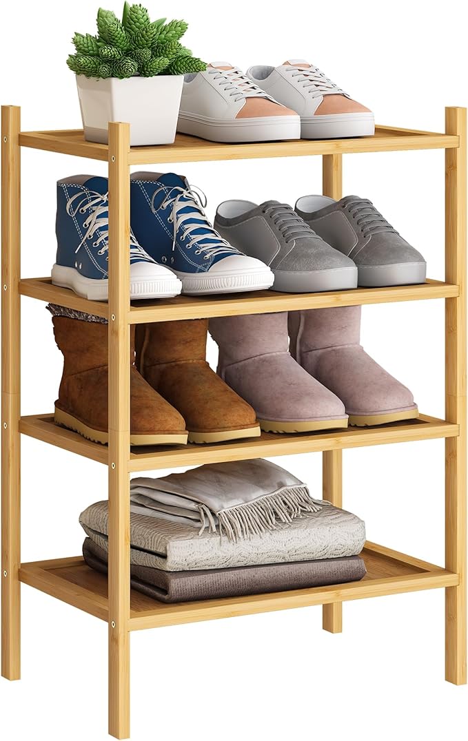 BMOSU 4-Tier Bamboo Small Shoe Rack Premium Stackable Shoe Shelf Storage Organizer for Hallway Closet Living Room Entryway Or