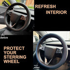 PINCTROT Nappa Leather Steering Wheel Cover for Tesla Model Y/3 Highland/Juniper, D Shaped 14 Inch Small Sized with Breathabl