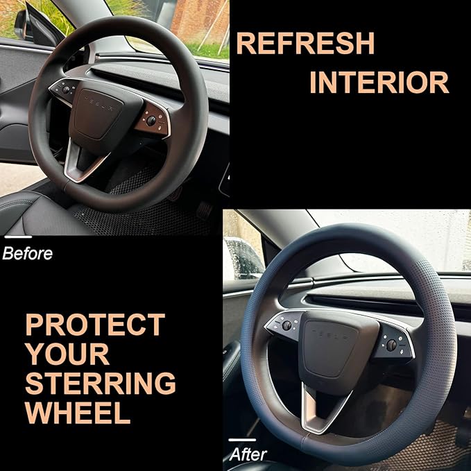 PINCTROT Nappa Leather Steering Wheel Cover for Tesla Model Y/3 Highland/Juniper, D Shaped 14 Inch Small Sized with Breathabl
