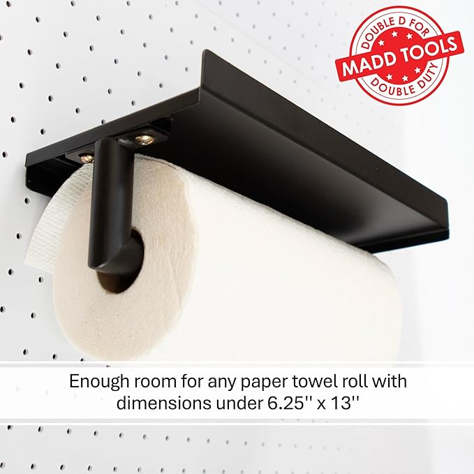 Pegboard Paper Towel Holder and Shelf, Peg Board Accessory Kit with Heavy Duty Pegboard Hooks for Garage Workshop Craft Room,