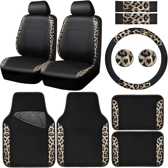CAR PASS Leopard Print Faux Leather Car Seat Covers & Leopard Car Mats&Leopard Steering Wheel Cover Seat Belt Universal Car A