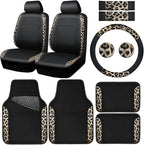 CAR PASS Leopard Print Faux Leather Car Seat Covers & Leopard Car Mats&Leopard Steering Wheel Cover Seat Belt Universal Car A