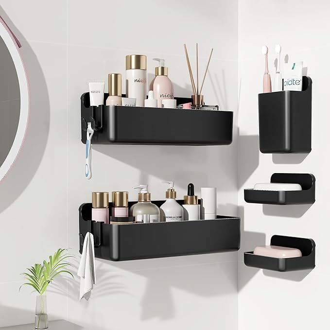 Nieifi Shower Shelves 5 Pack, Adhesive Shower Wall Shelf Organizer for Bathroom Organization, Black