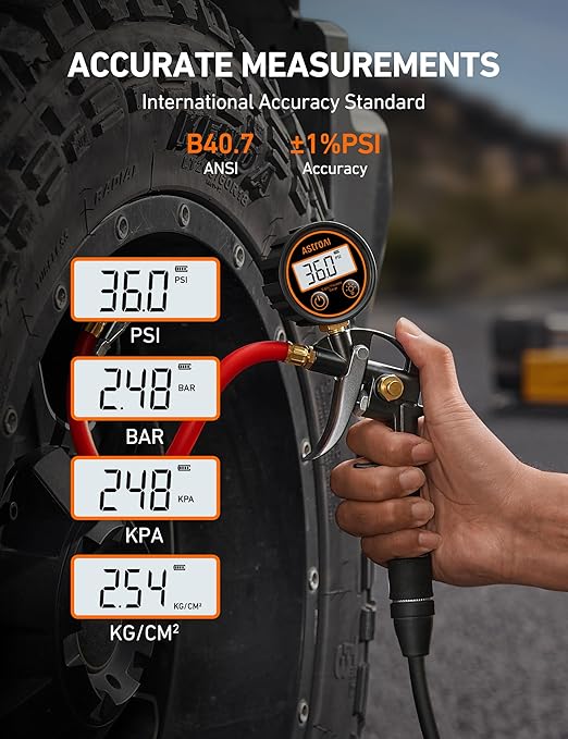 AstroAI T1 Digital Tire Pressure Gauge with Inflator, 3-250 PSI Air Chuck with Pressure Gauge, Heavy Duty with Quick Connect Coupler, Calibrated to ANSI B40.7 Grade 2A