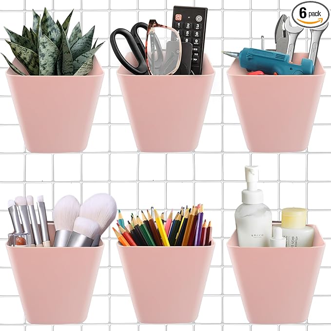 G.CORE Large Grid Wall Bins - 6Pack Pink Gridwall Accessories Hanging Cups with Back Hooks - Plastic Grid Wall Panels Organiz