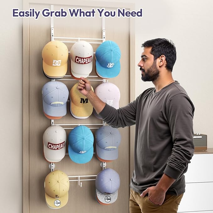 SWTYMIKI Over Door Hat Organizer - 4 Tier Metal Adjustable Wall Mounted Hat Rack with 12 Hooks Design, Hanging Baseball Cap O