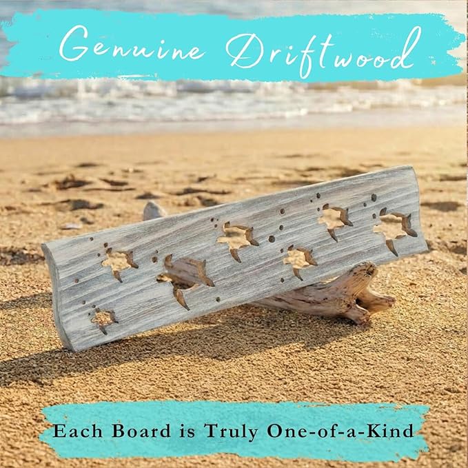 Driftwood Wall Art & DIY Key Holder – Handmade Coastal Home Decor – 17.5" Genuine Weathered Wood Plank with 5 Removable Hooks