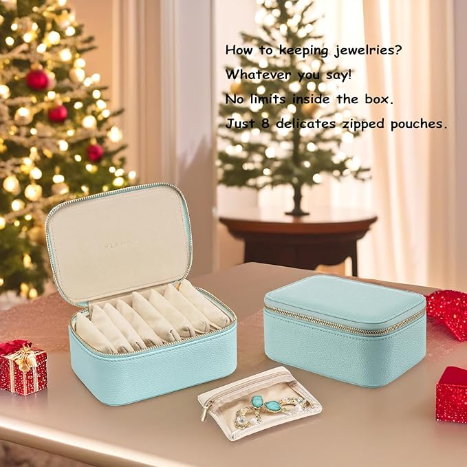 VLANDO Travel Jewelry Box Organizer – Portable PU Leather Jewelry Case with 6/8/12 Zippered Pouches, Compact Storage for Earr