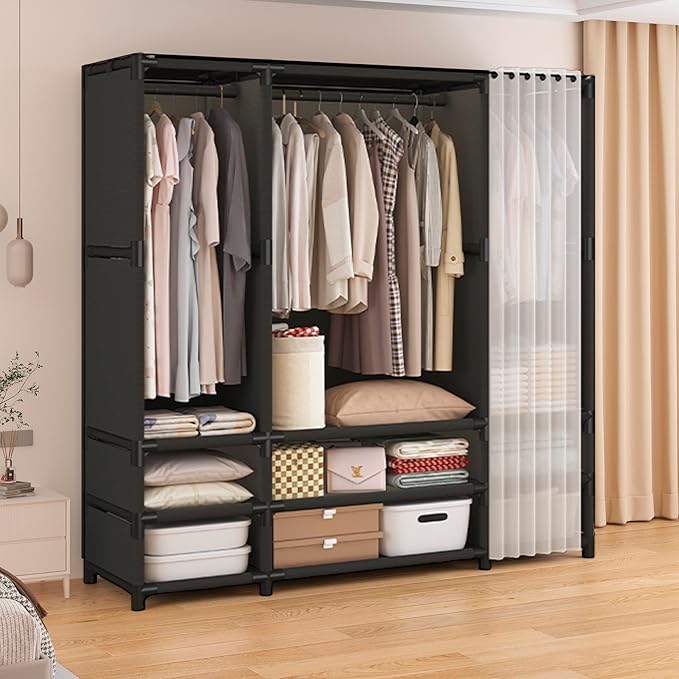 Portable Closet,Portable Closets for Hanging Clothes,Japanese Style Wardrobe with 3 Hanging Rods,9 Storage Shelves,56.2" L x 